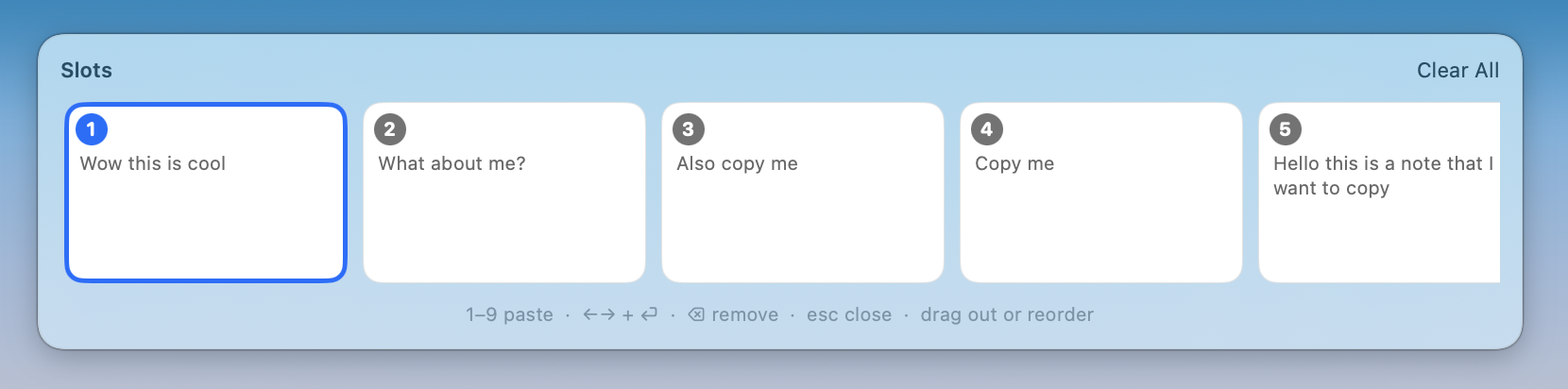 MultiClipboard slot bar with six mixed text and image slots