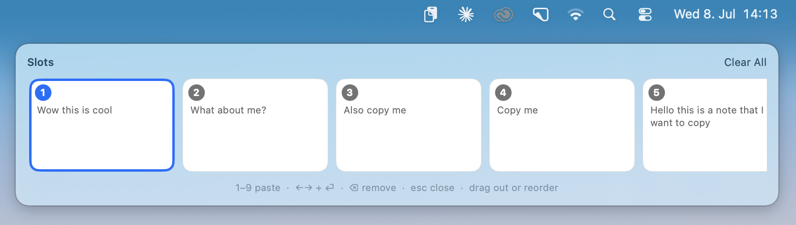 MultiClipboard menu bar with clipboard slots